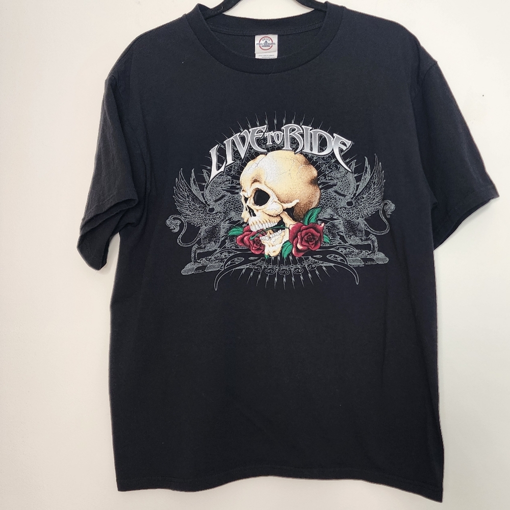 Live to Ride black skull roses mens Large